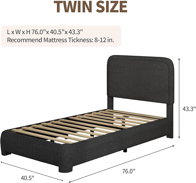 BarnFurin Twin Size Bed Frame, Boucle Upholstered Platform Bed Frame with Headboard, Soft Rounded Corners, No Box Spring Required, Non-Slip and Noise-Free, Easy Assembly, Black