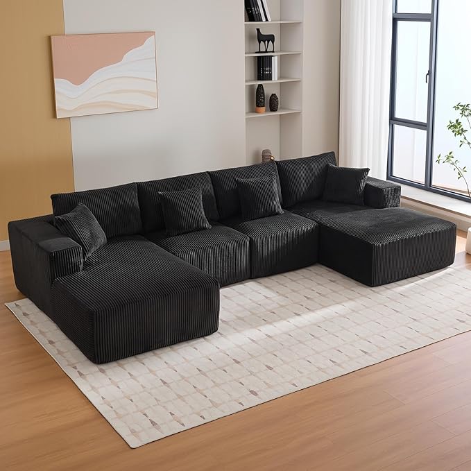 Sectional Cloud Boneless Couch 137" Modern Comfy U-Shaped No Assembly Required Convertible Compression Sleeper Modular Sofa with Corduroy Fabric Deep Seat Single + Chaise for Living Room