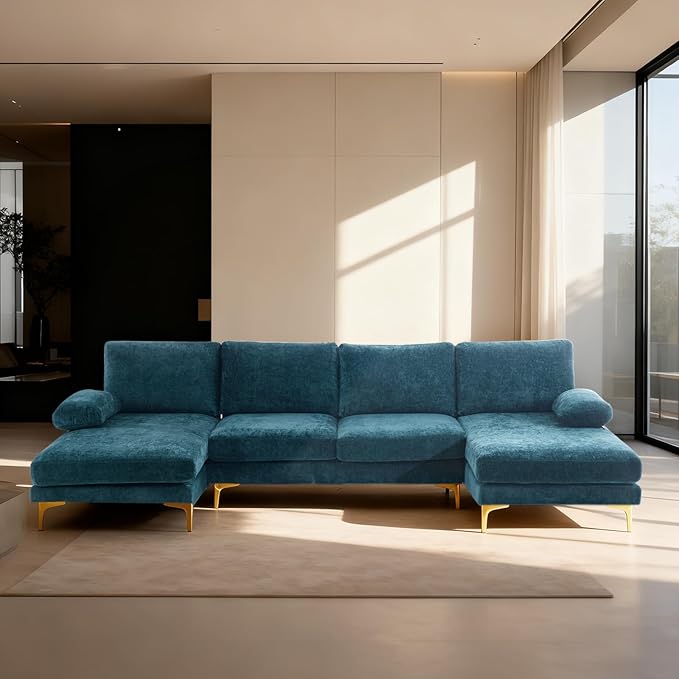 Karl home Convertible Sectional Sofa 110" U-Shape Sofa Couch 4-Seat Couch with Chaise ChenilleFabric Upholstered for Living Room, Apartment, Office, Peacock Blue