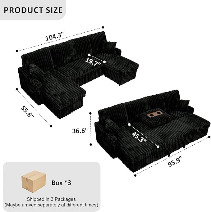 104" U Shaped Sleeper Sofa Bed, Sectional Couches for Living Room, Plush Corduroy Pull Out Couch Bed with Storage, Modular Sectional Couch with Charging Station, Cup Holder, Side Pocket, Black