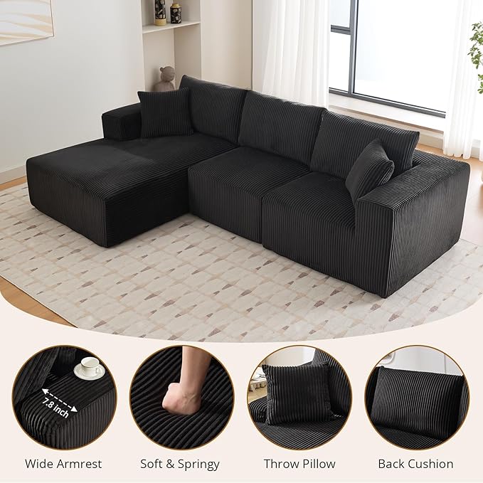 Sectional Cloud Boneless Couch 108" Modern Comfy L-Shape No Assembly Required Convertible Compression Sleeper Modular Sofa with Corduroy Fabric Deep Seat Loveseat + Chaise for Living Room