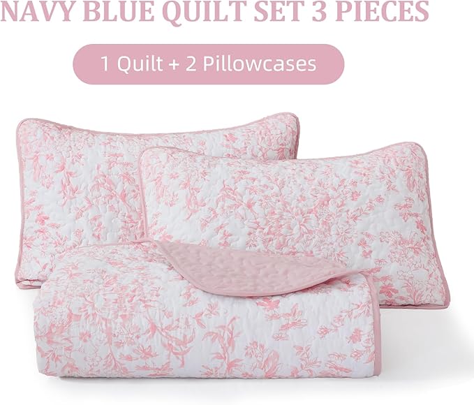 WONGS BEDDING Quilt Queen Size, Pink Quilt Bedding Set with 2 Pillowcases, Botanical Quilt for Queen Bed, Soft Microfiber Lightweight Coverlet Bedspread for All Season (96"×90", 3 Pieces)