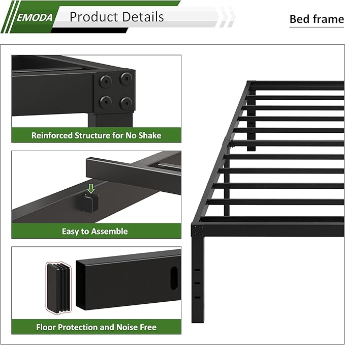 EMODA 16 Inch Heavy Duty Twin Bed Frame, Metal Platform Bed Frames No Box Spring Needed, Noise Free, Easy Assembly, Black