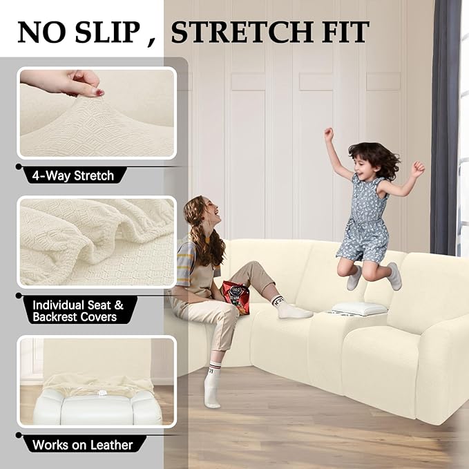 Waterproof Reclining Sectional Couch Covers Washable L Shaped Couch Cover for Sectionals Recliner Sofa Covers Stretch Corner Recliner Slipcovers for Dogs (5 Seater 2 Console Cover, Beige)