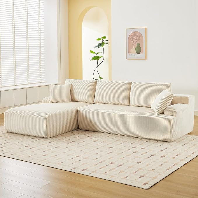 Sectional Cloud Boneless Couch 106" Modern Comfy L-Shape Corner No Assembly Required Convertible Compression Sleeper Modular Sofa with Corduroy Fabric Deep Seat Loveseat + Chaise for Living Room