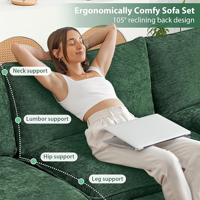 Oversized Modular Sectional Sofa, 146.5 Inch U Shaped Cloud Couch Set, 4-Seat Comfy Convertible Sofa with 2 Movable Ottoman, DIY Combination Sleeper Couch for Living Room(Chenille, Green)