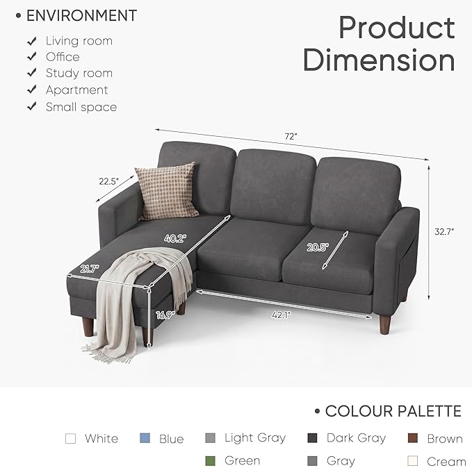 YESHOMY L-Shaped Sofa Couch, Small Couch with Reversible Chaise and Ottoman, Convertible Sectional Comfy 3 Seat Sofas with Side Pockets for Apartment and Living Room (Dark Gray)