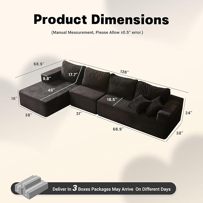 138" Boneless Couch with Deep Seat, Set of Modular Sectional Sofa, Cloud Sectional Couch for Living Room, No Assembly Required, Corduroy, 4 Seater L-Shape Left, Black