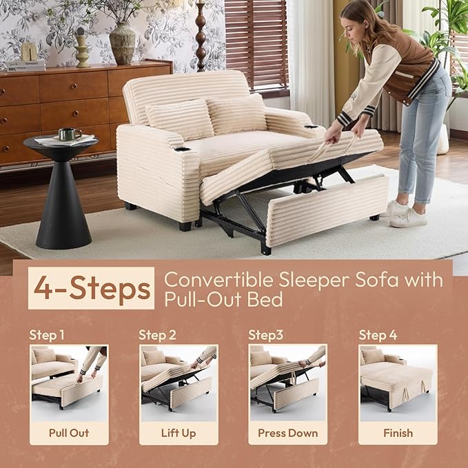 VINGLI Beige Futon Sofa Bed Convertible Loveseat Sleeper Sofa Couch, Corduroy Pullout Sofa Fold Out Couch Bed with USB Ports, Cup Holders, Armrest for Living Room, Bedroom Apartment Room | Loveseat Sleeper