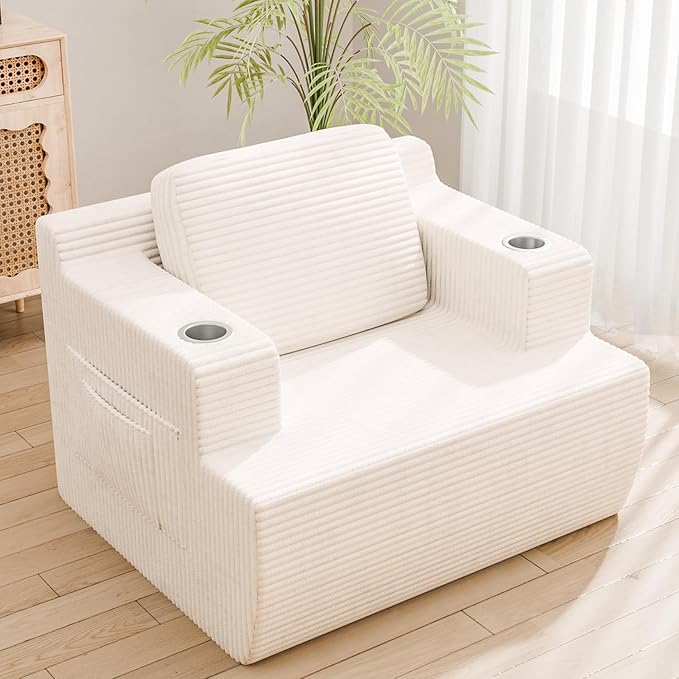 Homall 42” Single Sofa Foam Couch for Small Spaces Upholstered Floor Sofa with Cup Holder & Storage Pocket Boneless Couch for Bedroom Living Room (White, Single)