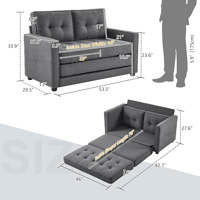 VINGLUpgraded Loveseat Sleeper, 53.5"W 83"L Convertible Sofa Bed Couch Futon Couches for Living Room, Twin Folding Couch Bed for Small Spaces, Foldable Floor Gaming Sofa Bed for Basement, Dark Grey