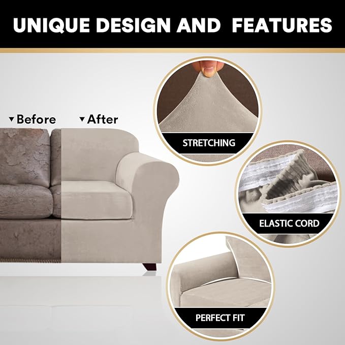 PrinceDeco Velvet Couch Covers for Sofa Soft 4 Pieces Couch Covers for 3 Cushion Couch Sofa Pet Friendly Furniture Protector with Non Slip Elastic Bottom Width Up to 90 Inch (Large, French Oak)