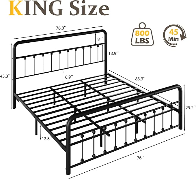 Fluest 14 Inch King Bed Frame Classic Metal Platform Bed Frame with Charging Station & LED, Victorian Style Iron-Art Headboard/Footboard, Under Bed Storage, No Box Spring Needed, Noise Free