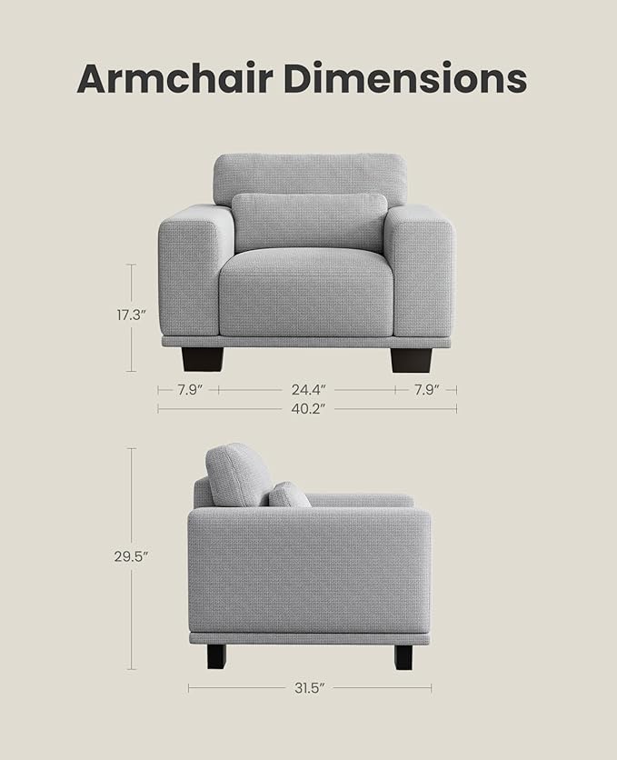 Amada 40" Oversized Accent Sofa Chair, Modern Armchair with Deep Seat, Comfy Upholstered Large Reading Chair with Removable Washable Covers for Living Room & Bedroom Office, Grey