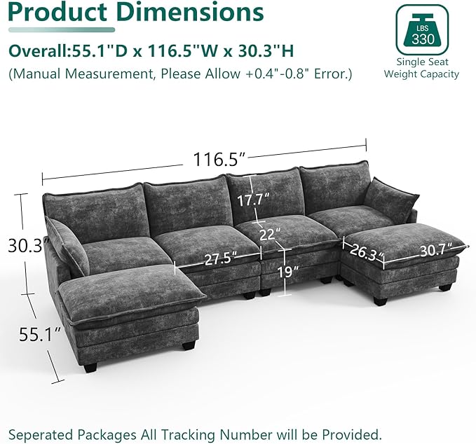 Modular Sectional U Shaped Sofa Couches for Living Room, Cloud Couch with Movable Ottoman, Comfy Chenille Sofa with Pillow for Bedroom and Apartment,Dark Gray