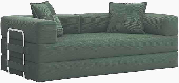 78 Inch Convertible Sofa Bed, 5-in-1 Futon Sofa Bed Pull Out Couch, Boneless Couch Bed for Living Room, Corduroy Boneless Couches for Bedroom, Apartment, No Assembly Sleeper Sofa Bed, Green | 4 Fixed-Shape Frame, Removable Corduroy, High-density foam, ...