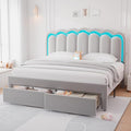 King Upholstered LED Bed Frame with 2 Storage Drawers and Adjustable Chic Double Wavy Headboard, Velvet Princess Platform Bed with Charing Station, Solid Wood Slats Support, No Box Spring Needed, Grey
