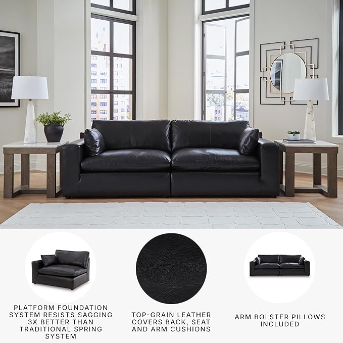 Signature Design by Ashley Emilia Straight Contemporary Leather Match 2-Piece Sectional Loveseat with Removable Cushion, Black