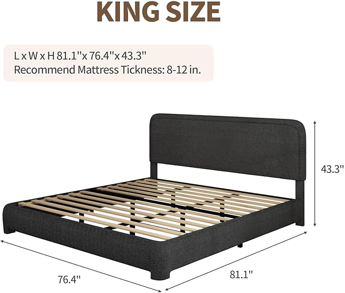BarnFurin King Size Boucle Bed Frame and Headboard, Cloud Upholstered Platform Bed Frame, Soft Rounded Corners, No Box Spring Required, Non-Slip and Noise-Free, Easy Assembly, Black