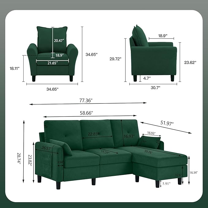 Convertible Sectional Sofa, 77" Small L Shaped 3 Seat Couch with Reversible Storage Chaise, and Accent Chair Set Modern Polyester Fabric Sofa Couches for Living Room, Apartment, Green