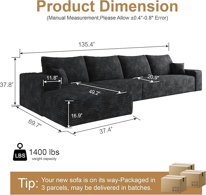 136" Sectional Couches for Living Room Cloud Couch Sofa with L-Shape Upholstered Boneless Couchs Modern Modular Sectional Couch with Chaise (Black, 136" Left Facing Chaise+3Seaters)