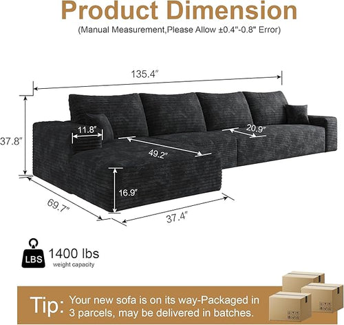 136" Sectional Couches for Living Room Cloud Couch Sofa with L-Shape Upholstered Boneless Couchs Modern Modular Sectional Couch with Chaise (Black, 136" Left Facing Chaise+3Seaters)