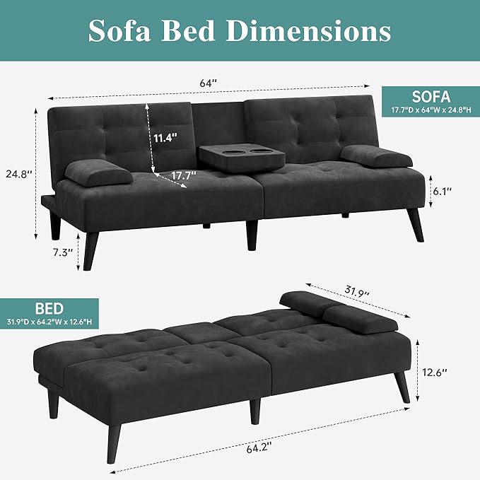 Meilocar 64" Futon Sofa Bed, 64" Convertible Loveseat with 2 Cup Holders, Small Couch with 3 Adjustable Angles & Removable Armrest, Modern Sleeper Sofa for Apartment,5.3 FT, Black