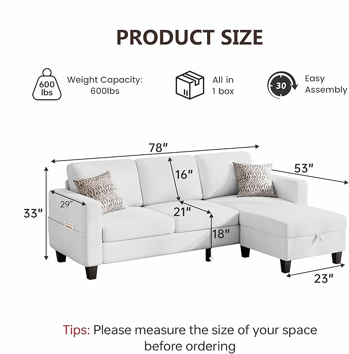 Sectional Sofa and Couches for Living Room, 78'' White 3 Seat L-Shaped Couch with Movable Ottoman, Comfy Velvet Convertible Sectionals Sofas with Chaise for Apartment, Dorm, Small Space