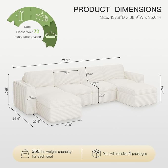 Belffin Boneless Cloud Modular Sectional Sofa with Deep Seat Plush Corduroy U Shaped Cloud Sectional Couches for Living Room No Assembly Required. Beige Couch