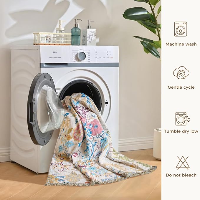 LUTBM Boho Throw Blanket for Couch Sofa Chair Cotton Spring Blankets for Bedroom Living Room All Season Soft Lightweight Reversible Floral Embroidery Decorative Throws 50"x60" Home Decor