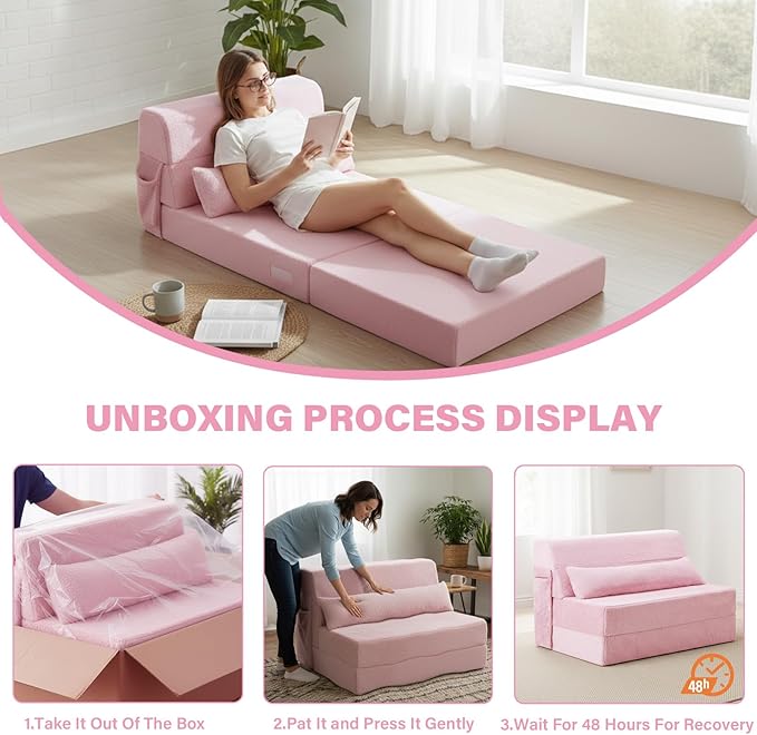 Tiita Convertible Folding Sofa Bed Twin Size for Adults with Pillow, Plush Fabric Floor Mattress Couch Bed, Washable Cover & Side Pocket, Guest Room, Dorm, Apartment, Living Room, Pink