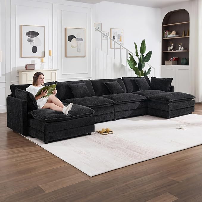 147" Modular Sectional Sofa, Oversized U Shaped Sectionals Cloud Couch, Big Comfy Couch with 2 Ottomans, 6 Seater Chenille Sectional Sofa with Deep Seat and 6 Pillows for Living Room- Black