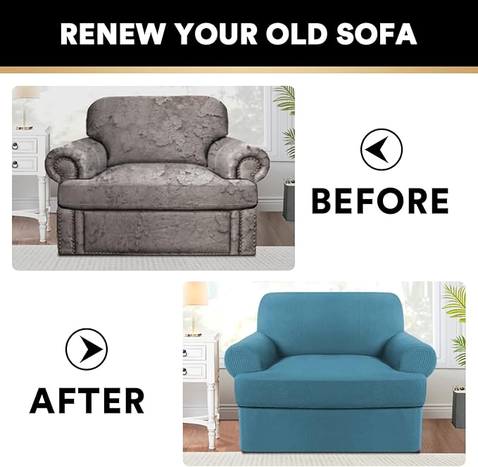 PrinceDeco 2 Pieces T Cushion Sofa Slipcovers Stretch Couch Covers for T Cushion Chair Slipcover Soft Arm Chiar Cover with 1 Individual T Shape Seat Covers Width Up to 40"- Storm Blue