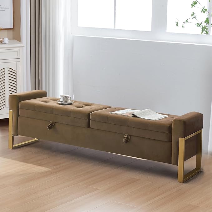 67" End of Bed Bench King Size, Velvet Storage Bench for Bedroom Foot of Bed, Double Lids Storage Bench with Golden Legs, Upholstered Ottoman Bench for Living Room Window Entryway, Brown