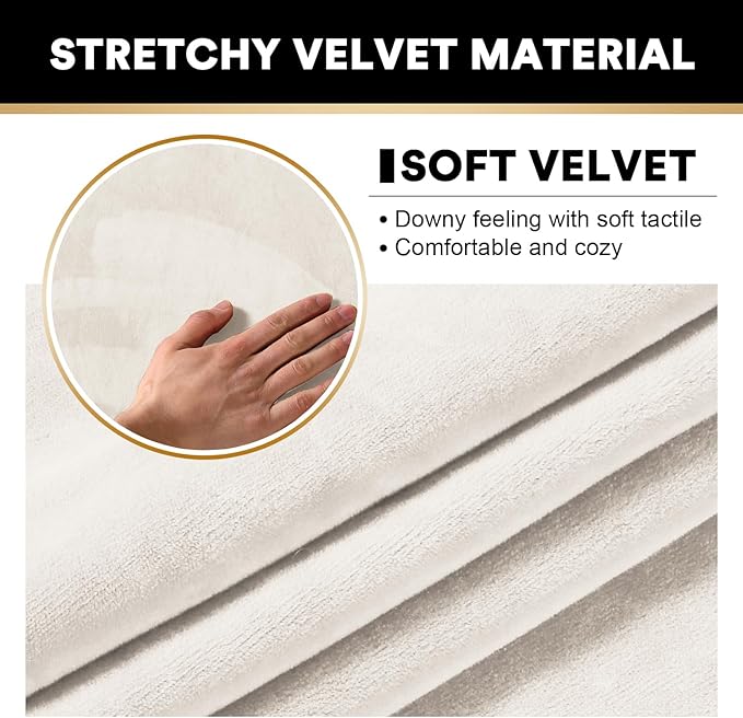 PrinceDeco Velvet Couch Covers for Sofa Soft 4 Pieces Couch Covers for 3 Cushion Couch Sofa Pet Friendly Furniture Protector with Non Slip Elastic Bottom Width Up to 90 Inch (Large, Cream)