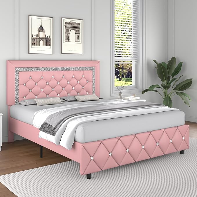 Queen Bed Frame, Faux Leather Platform Bed with Upholstered Diamond Headboard, Mattress Foundation with Strong Wooden Slats Support, No Box Spring Required, Easy Assembly, Pink