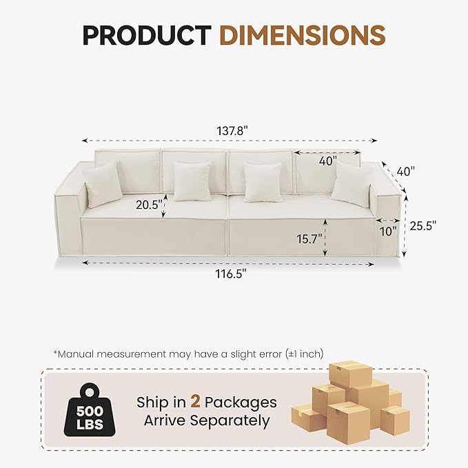 108'' Comfy Chenille Boneless Couch, Oversized Modular Sectional 4 Seater Sofa, Modern Deep Seat Corner Cloud Compressed Couch, No Assembly Sleeper Sofa with Chaise for Living Room, Beige