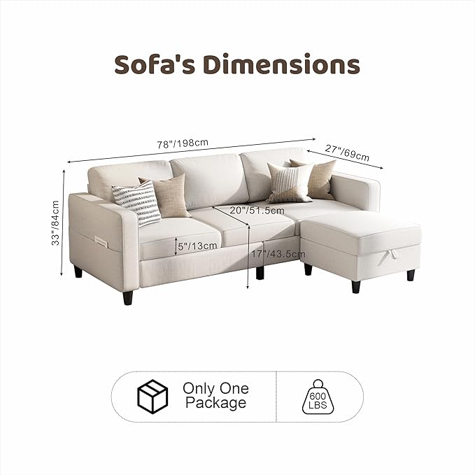 Sectional Sofas Couches for Living Room 78" L-Shaped Couch - Modern Linen Beige Sofa with Storage Ottoman USB for Apartments, Studios & Home Offices, Small Space