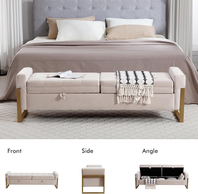 67" Storage Bench for Bedroom End of Bed, Velvet King Size Bed Bench with Double Lids and Gold Legs, Storage Ottoman Bench with Arms for Living Room Window and Entryway, Beige
