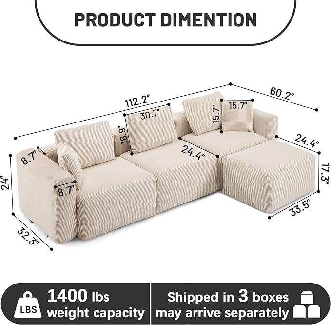 Karl home Modular Cloud Couch with Ottoman 112.2" Corduroy Sectional Sofa L-Shaped Modern Sofa Couch with Pillows for Living Room, Bedroom, Apartment, Creamy