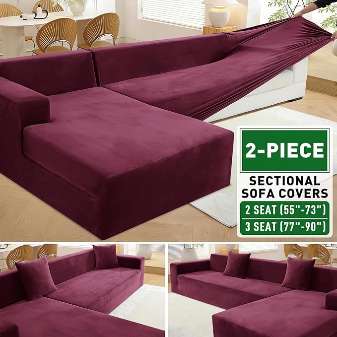 ZNSAYOTX 2026 Soft Velvet Sectional Couch Covers, Luxury Plush Slipcovers with Elastic Bottom for L Shape Sectional Sofa, 2 Pcs Pet Friendly Protector (3 Seat Couch + 2 Seat Chaise, Wine Red)