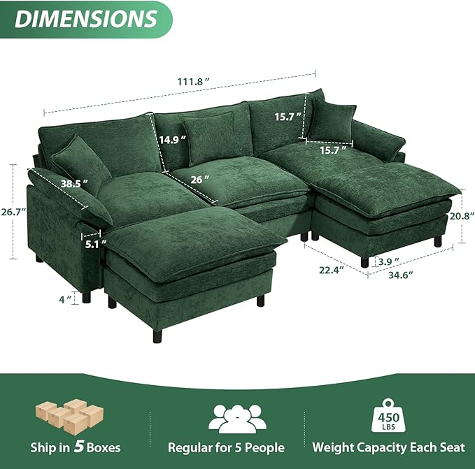 Oversized Modular Sectional Sofa, 111.8 Inch U Shaped Cloud Couch Set, 3-Seat Comfy Convertible Sofa with 2 Movable Ottoman, DIY Combination Sleeper Couch for Living Room(Chenille, Green)
