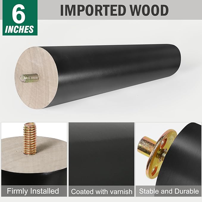 FoDau770 Black Rubber Wood Furniture Legs 6 Inches, Slant Tapered Wood Feet Mid Century Sofa Legs Set of 4, 5/16" UNC Furniture Feet Replacement Parts for Cabinet Couch Dresser Chair Ottoman Table