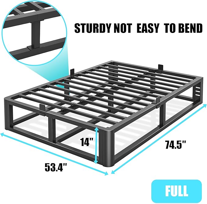 Firpeesy Metal Heavy Duty 14 inch Full Bed Frame with Rounded Corner and Headboard Hole Mattress Retainers 3500 LBS No Box Spring Needed Platform Noise Free Easy Assembly