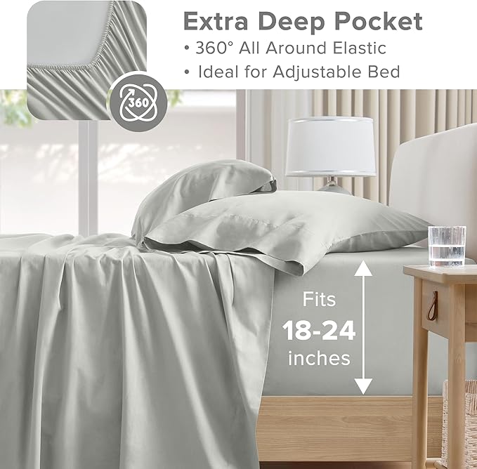 Comfort Spaces Extra Deep Pocket, 100% Cotton Queen Fits up to 24" Mattress, Breathable, Naturally Cool Cotton, Soft Cotton Sheets, All Seasons Sheet Set, Grey 4 Piece