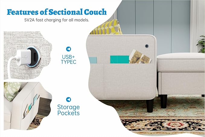 Sectional Sofas Couches for Living Room 78" L-Shaped Couch - Modern Linen Beige Sofa with Storage Ottoman USB for Apartments, Studios & Home Offices, Small Space