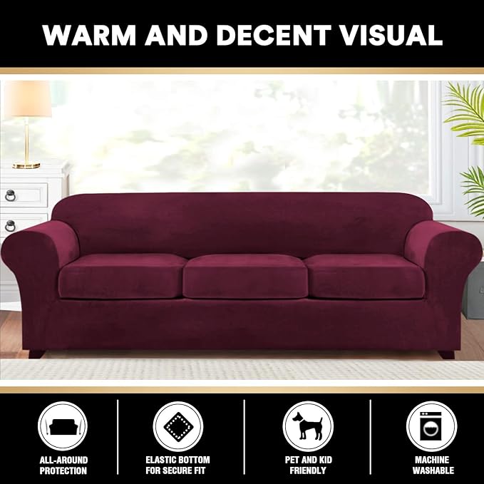 PrinceDeco Velvet XL Couch Cover for Oversized Sofa 4 Piece Sofa Covers for 3 Cushion Couch Washable Furniture Protector with Non Slip Elastic Bottom Width Up to 105 Inch(X-Large, Burgundy)