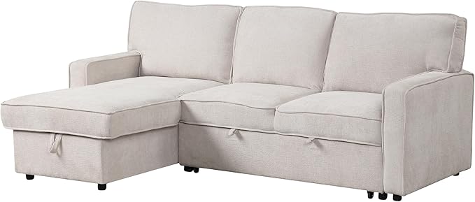 LUMISOL 89" Convertible Sleeper Sofa Bed, Modern L-Shaped Sectional Couch Bed with Convertible Chaise, Chenille Pull Out Sofa with Cup Holders & Charging Station for Living Room, Beige