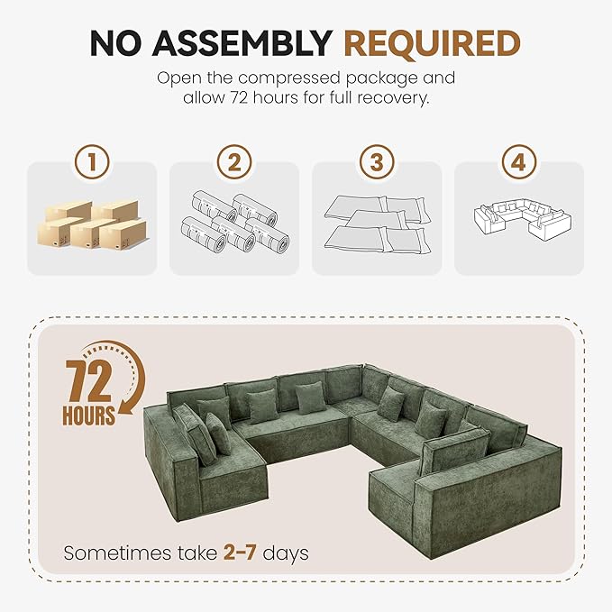 138'' Boneless Chenille U Shaped Couch, Oversized Modular Sectional 9 Seater Sofa, Modern Deep Seat Corner Cloud Compressed Couch, No Assembly Sleeper Sofa with Chaise for Living Room, Green