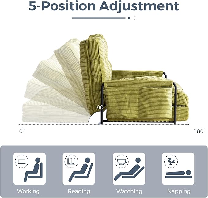 MAXYOYO Adjustable Floor Sofa Couch with Pillow, Multi-Functional Bean Bag Bed, 5-Position Foldable Lazy Sofa Sleeper Bed with Armrest, Versatile Floor Seating for Reading Gaming, Green, Single